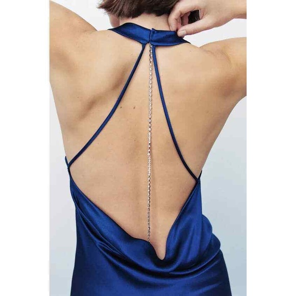 Zara blue silky satin dress with open back rhinestone chain detail - Picture 5 of 5